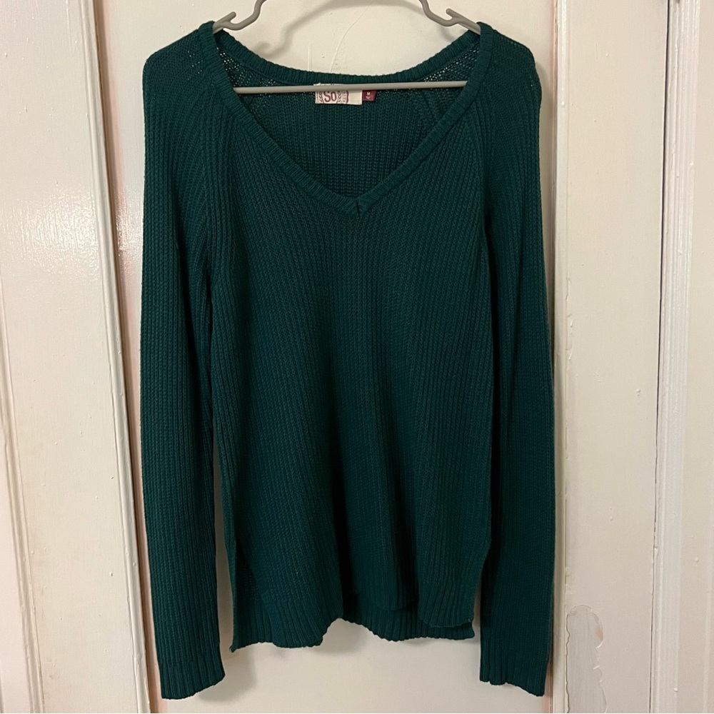 Dark Green Knit Sweater pullover v neck ribbed cable vneck long sleeve top Kohls